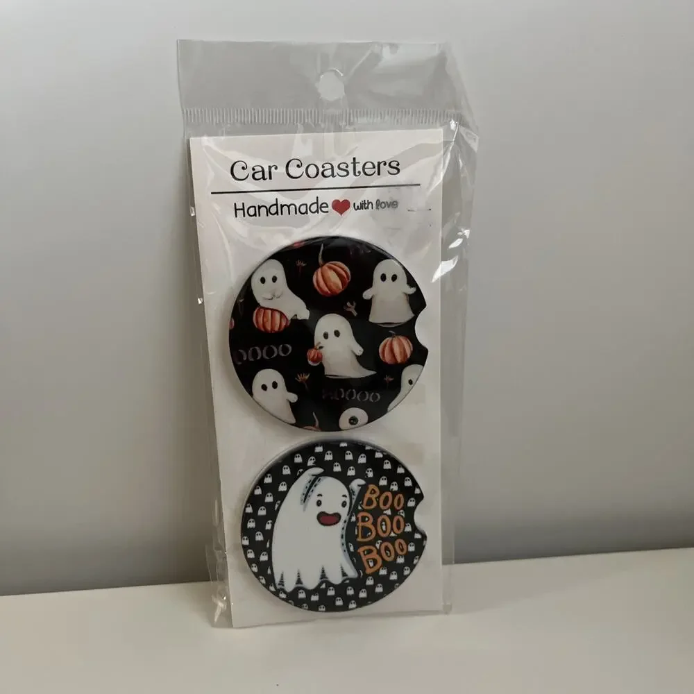 Custom Heat Printed Car Coasters Halloween Fall Designs Set Of 2